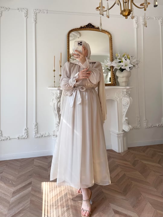 Cream Shiny Chiffon Detailed Ruffle Sleeve Evening Dress