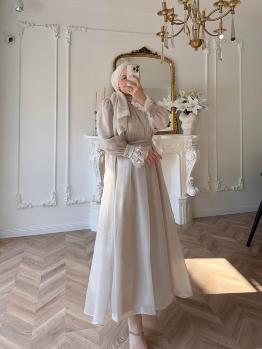 Cream Shiny Chiffon Detailed Ruffle Sleeve Evening Dress