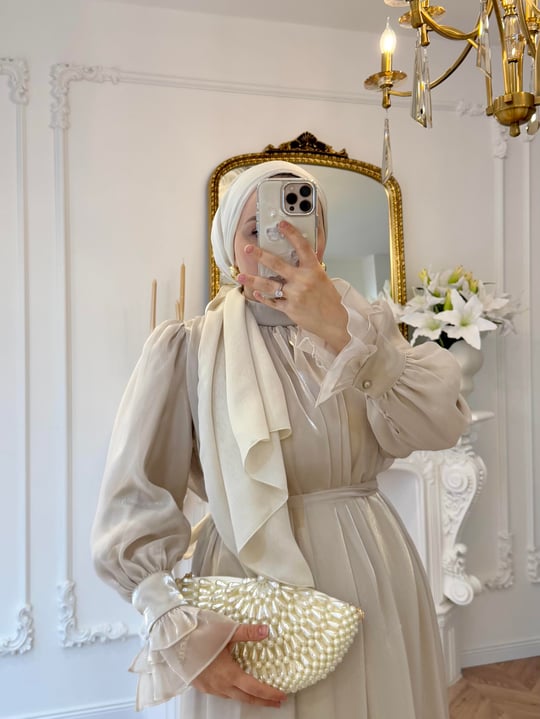 Cream Shiny Chiffon Detailed Ruffle Sleeve Evening Dress