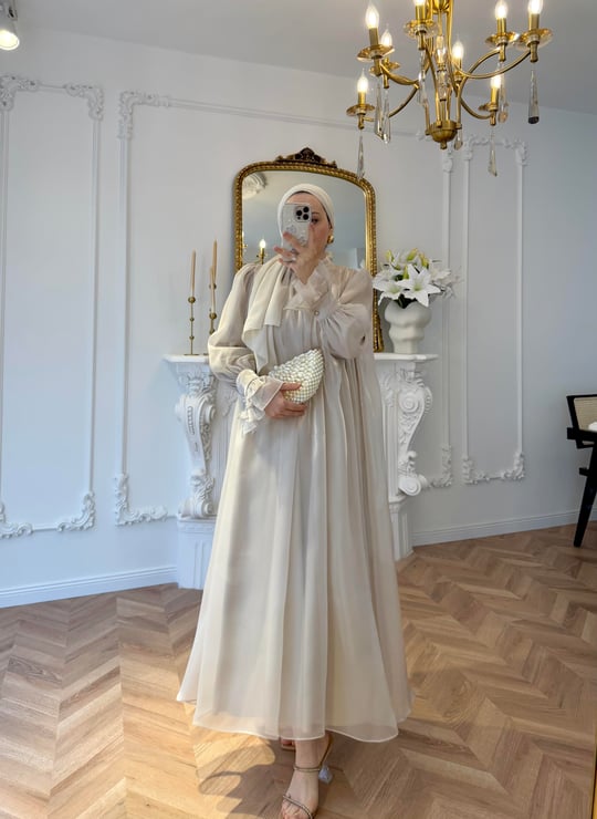 Cream Shiny Chiffon Detailed Ruffle Sleeve Evening Dress