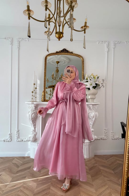 Pink Shiny Chiffon Detailed Ruffle Sleeve Evening Dress