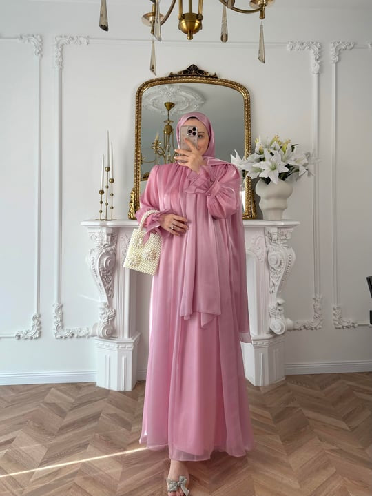 Pink Shiny Chiffon Detailed Ruffle Sleeve Evening Dress