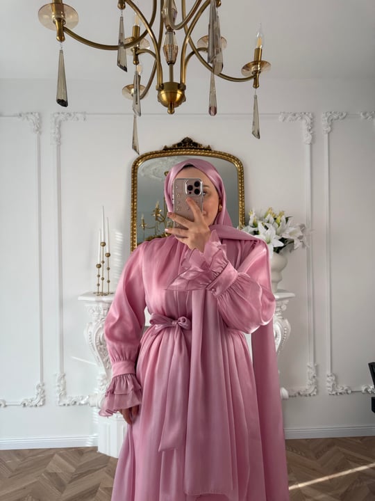 Pink Shiny Chiffon Detailed Ruffle Sleeve Evening Dress