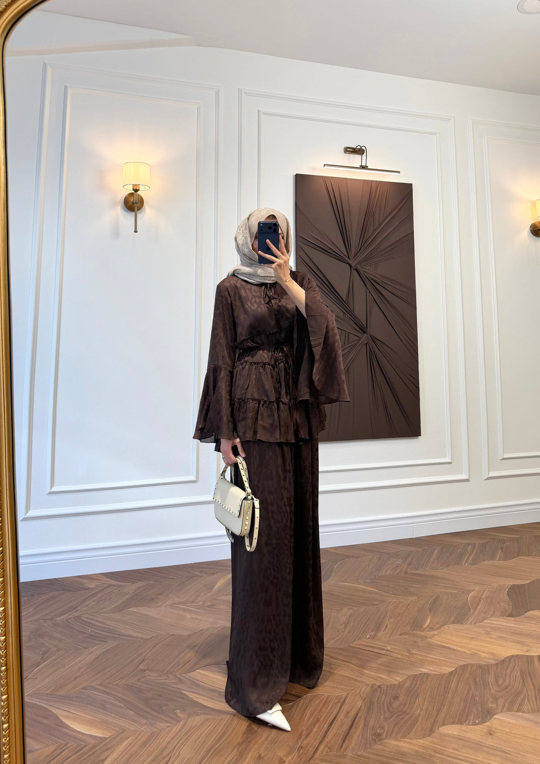 Ruffle Detail Two-Piece Co-ord Set – Long Sleeve Blouse & Wide Leg Trousers - Brown