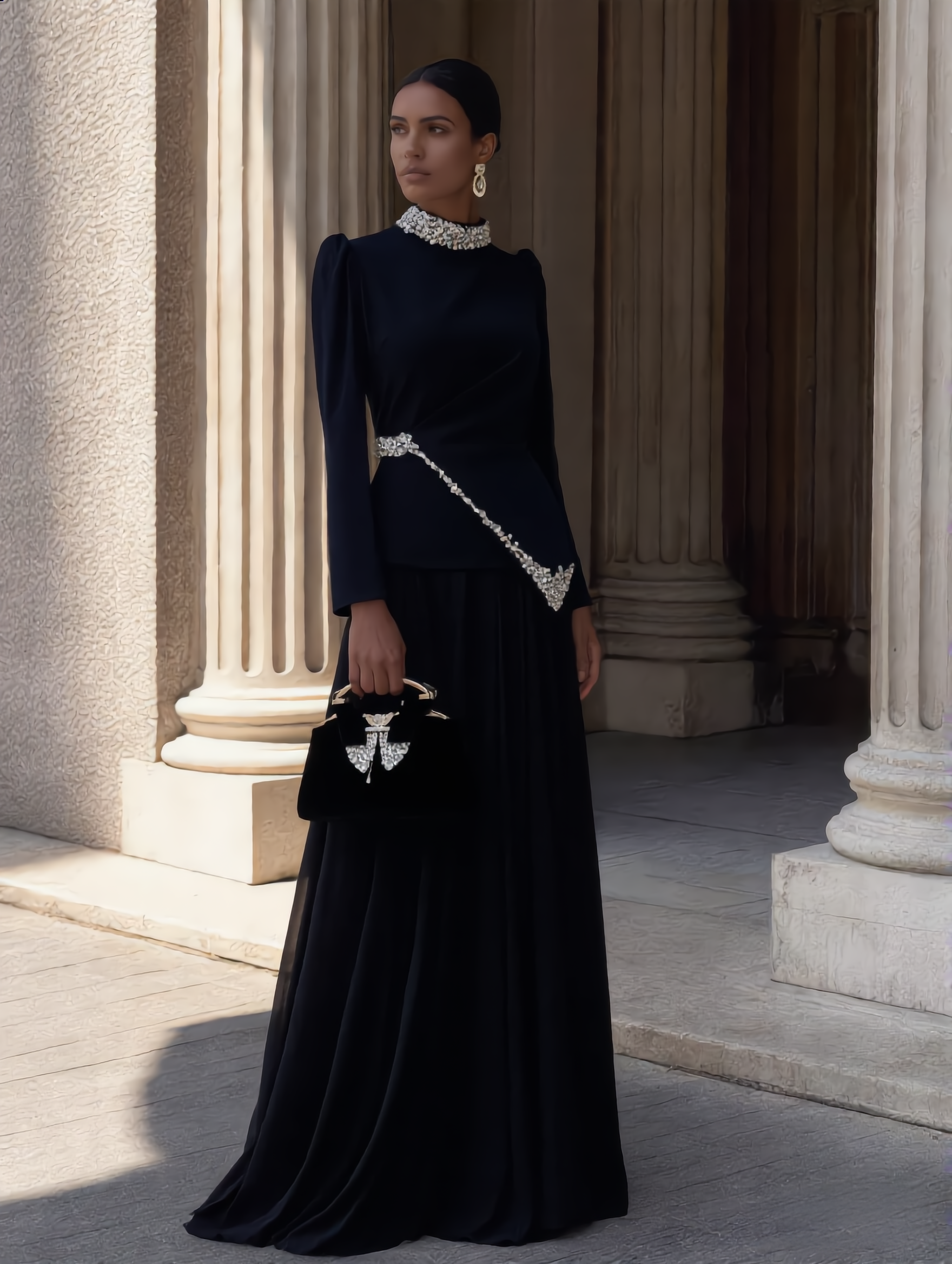 black modest dress formal Modest Black Satin Prom Dress 25894S