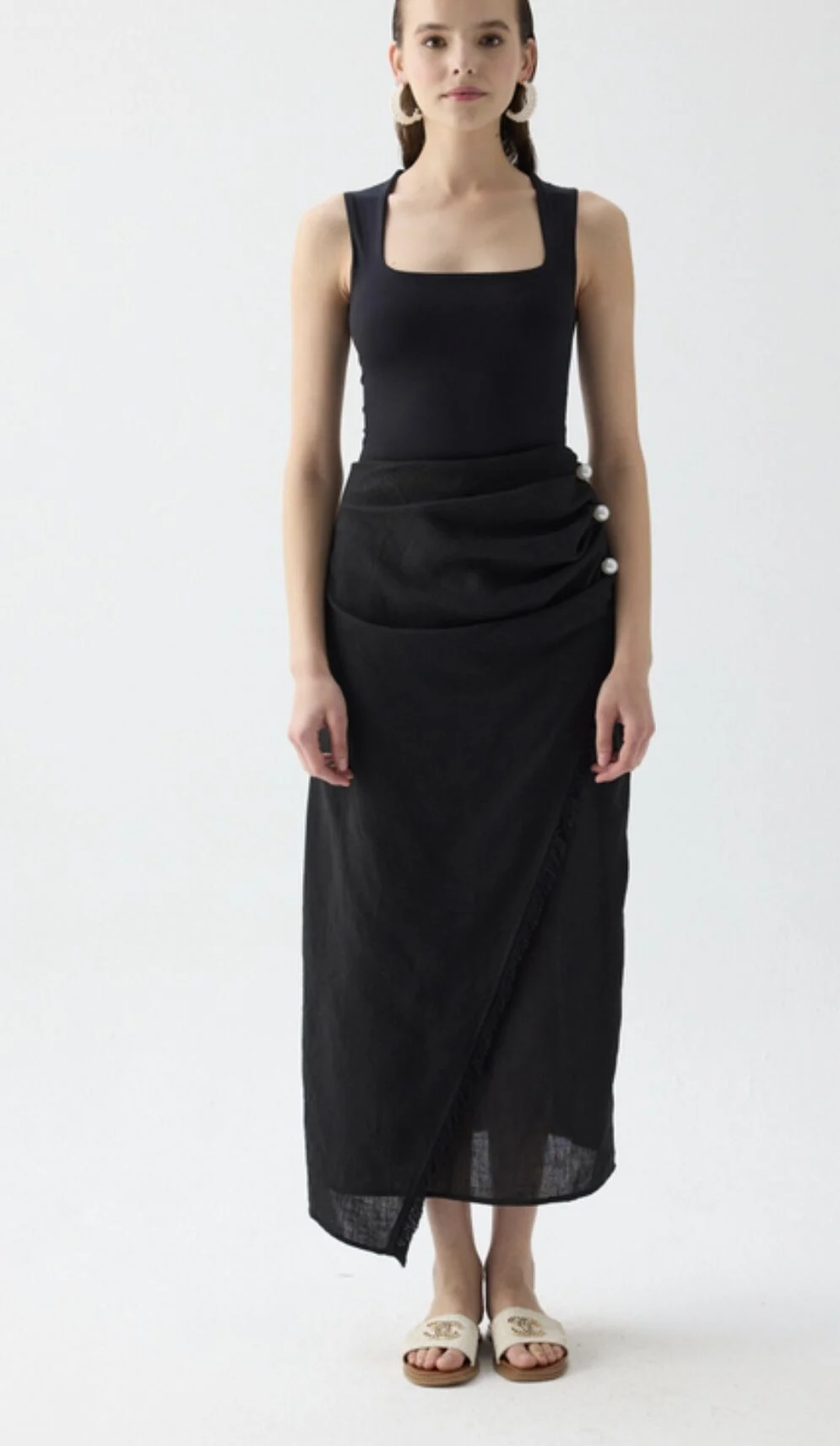 Black Pearl Button Wrap Linen Skirt
