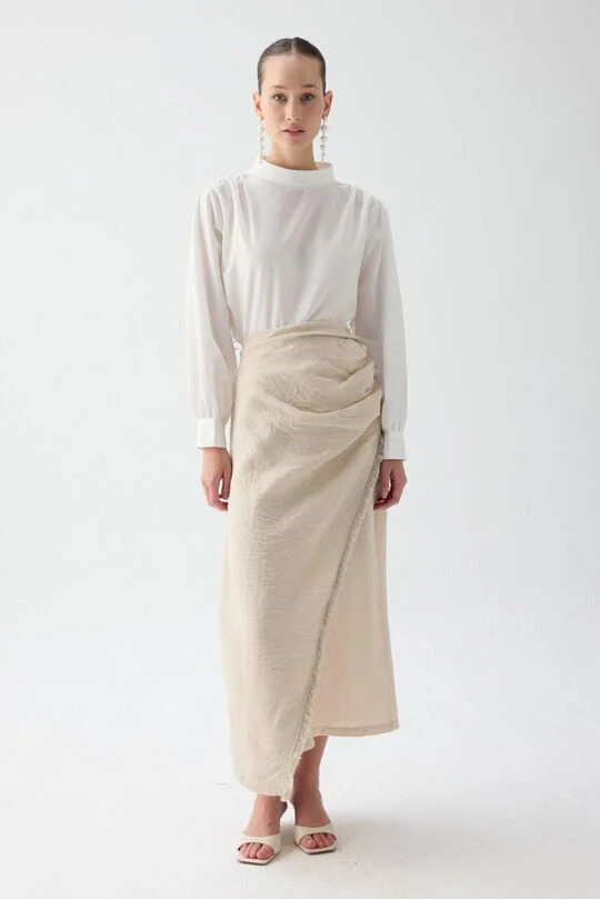 Cream Pearl Button Wrap Linen Skirt