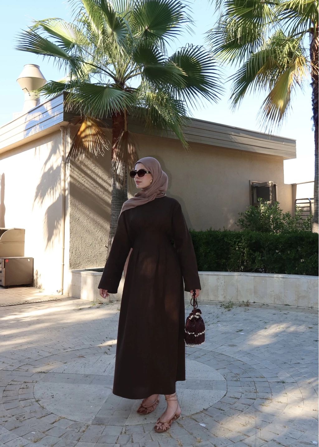 Pleated Waist Linen Maxi Dress in Brown