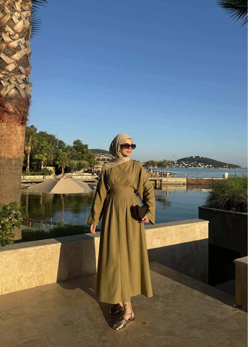 Pleated Waist Linen Maxi Dress in Khaki