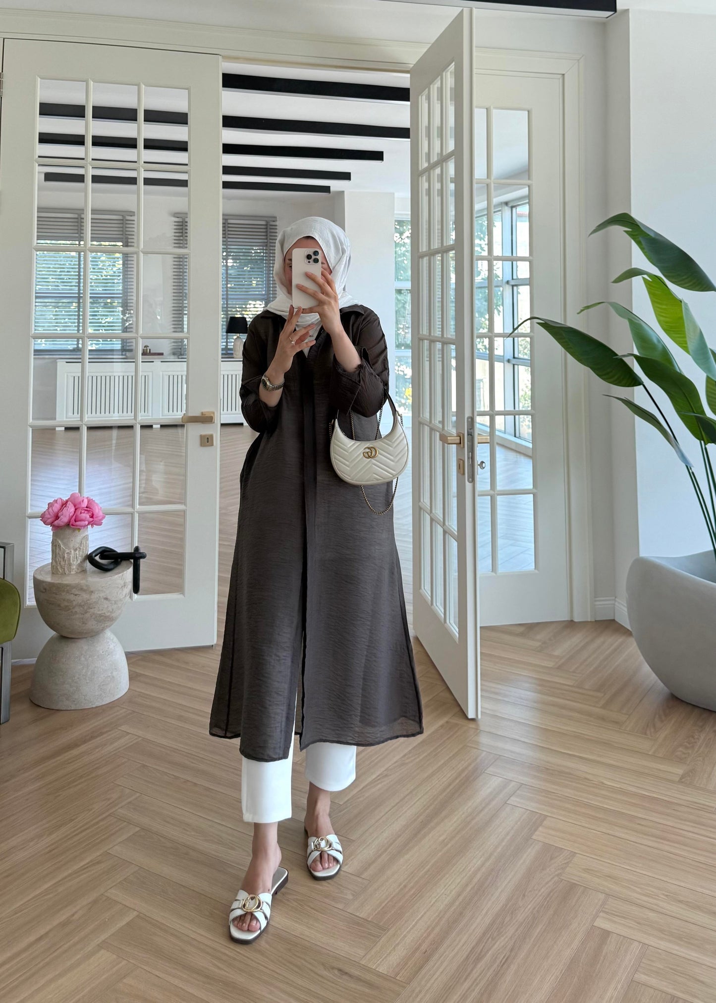 Brown Modal Maxi Tunic with Sheer Tulle