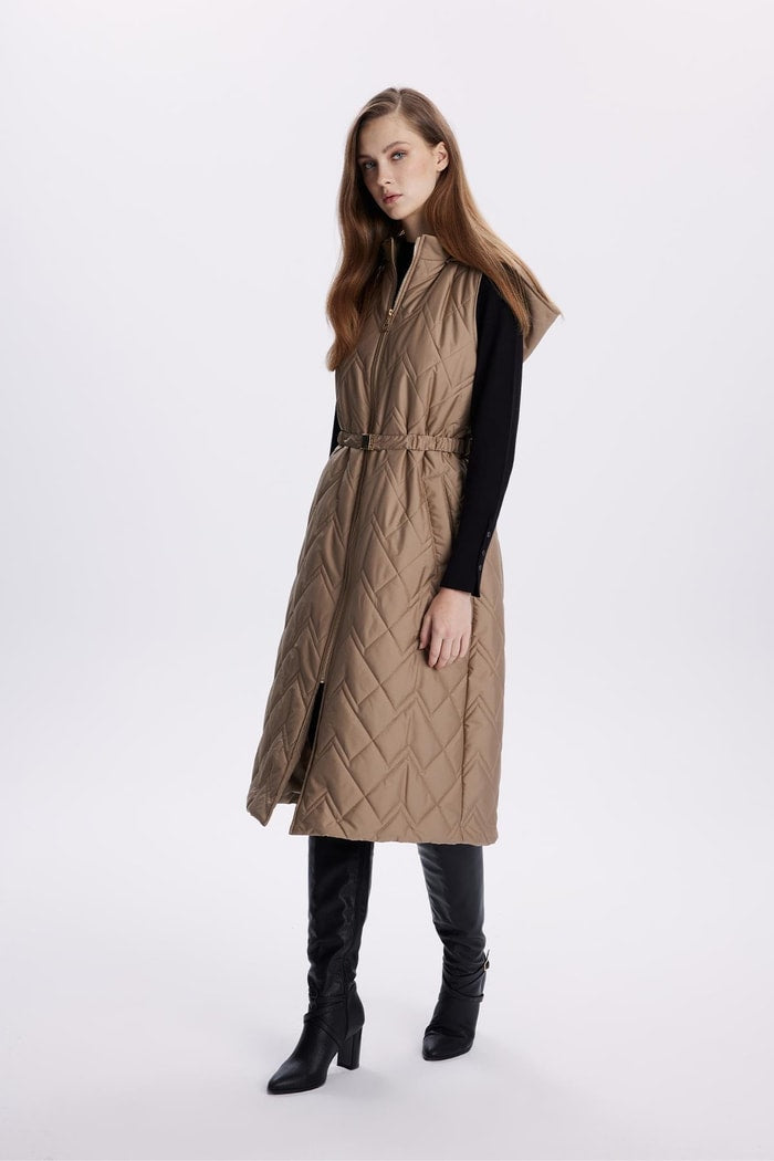 Hooded Long Quilted Puffer Vest – Mink