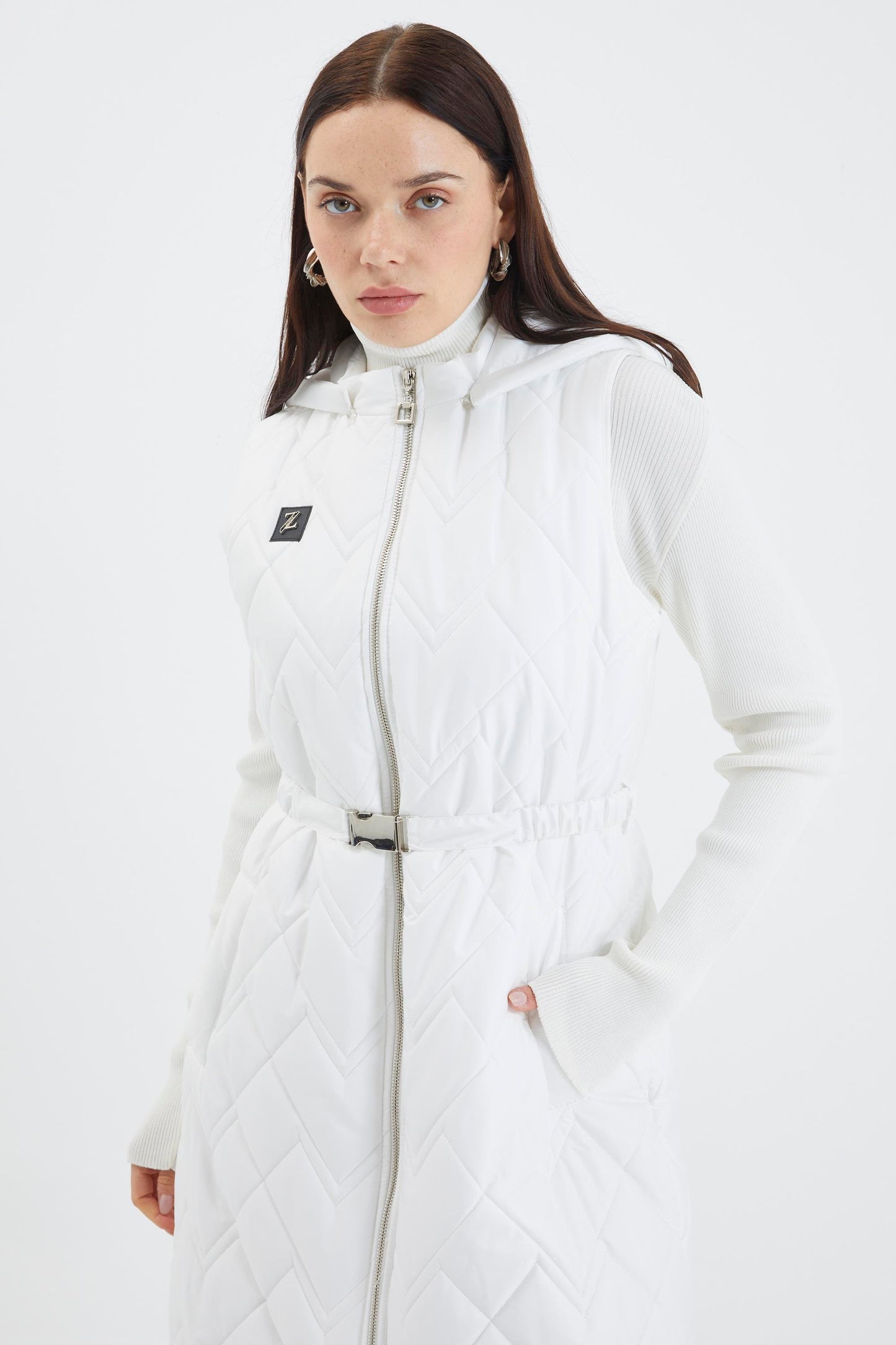 Hooded Long Quilted Puffer Vest – Off White