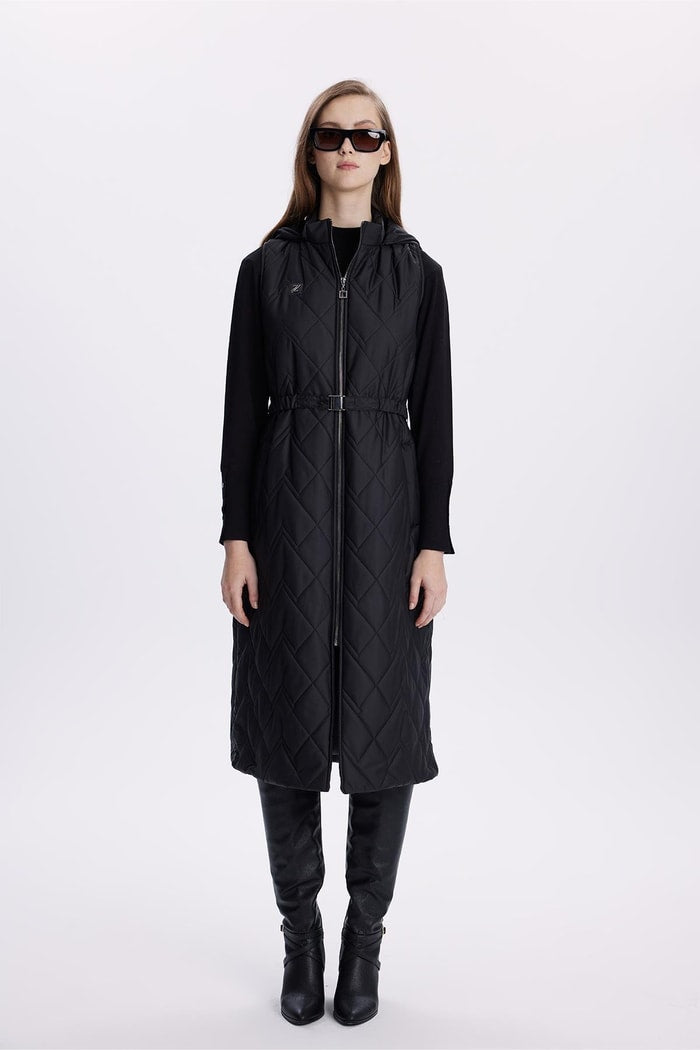 Hooded Long Quilted Puffer Vest – Black