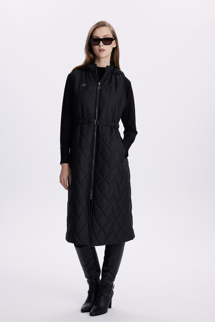 Hooded Long Quilted Puffer Vest – Black