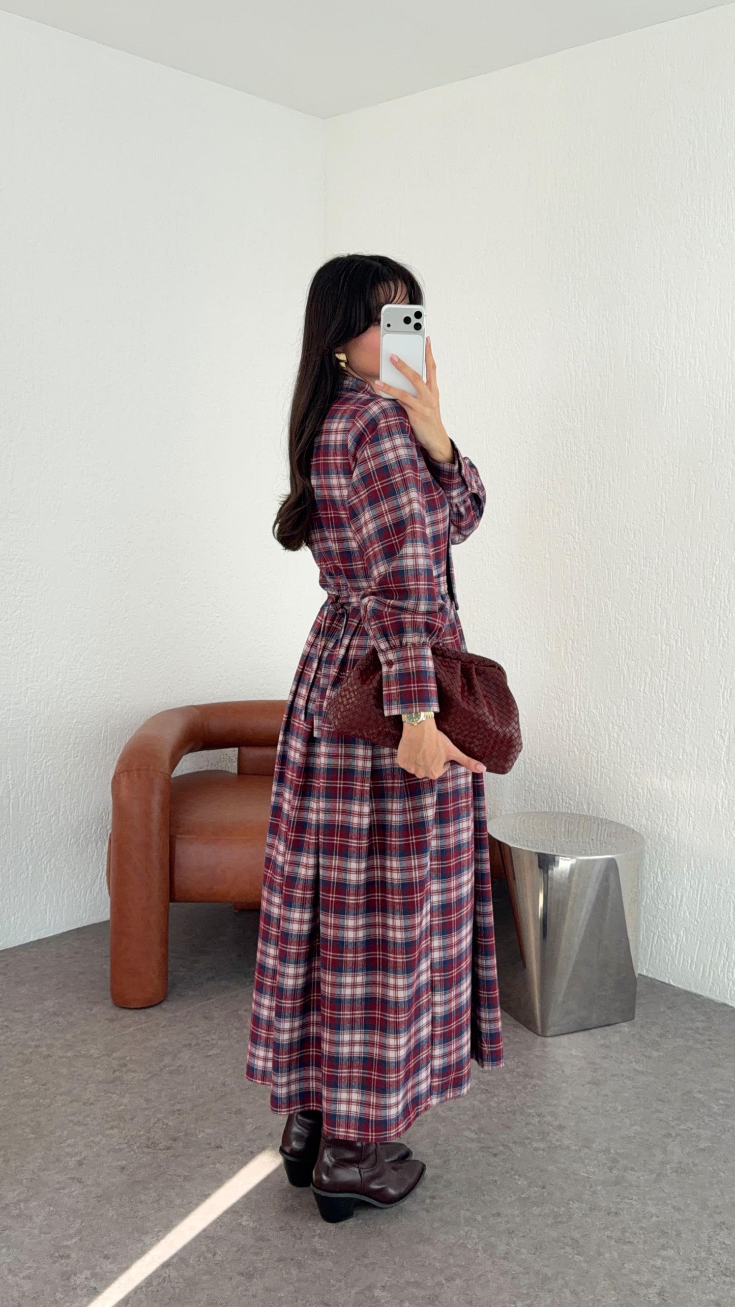 Bow-Collar Red Gingham Dress