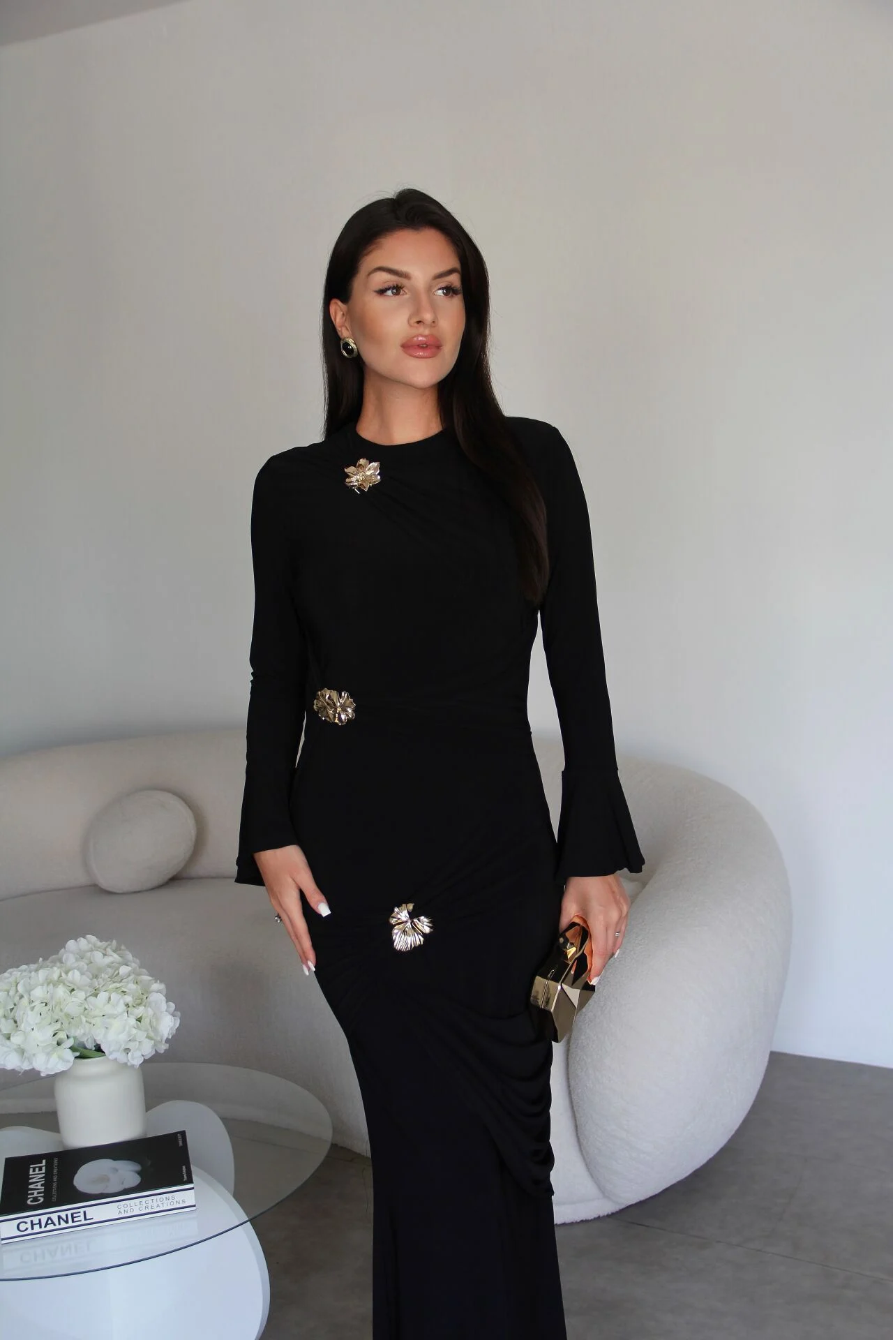 Premium Black Maxi Dress | Gold Brooch Detail & Gathered Waist Design