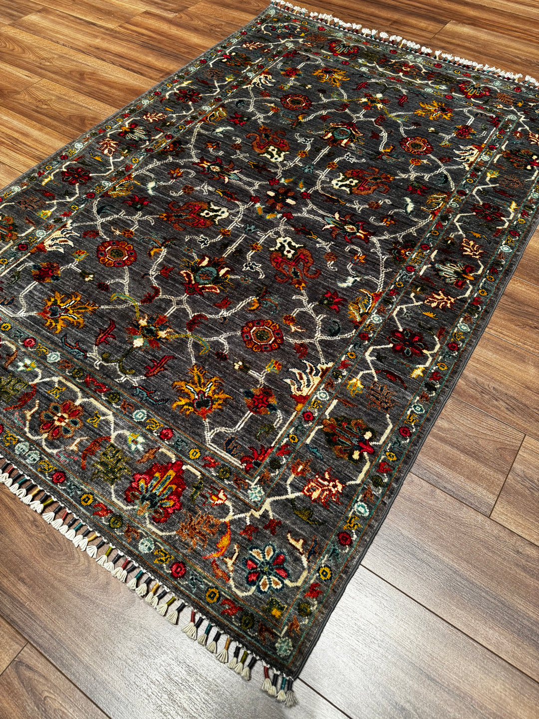 SULTANİ ÇİÇEKLİ ORJİNAL EL DOKUMASI GRİ KÖK BOYA YÜN HALI 124X181 2.24 METREKARE - 3X5 FT