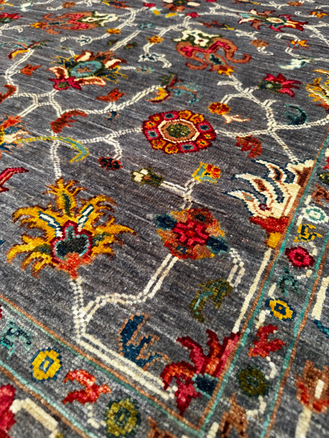 SULTANİ ÇİÇEKLİ ORJİNAL EL DOKUMASI GRİ KÖK BOYA YÜN HALI 124X181 2.24 METREKARE - 3X5 FT