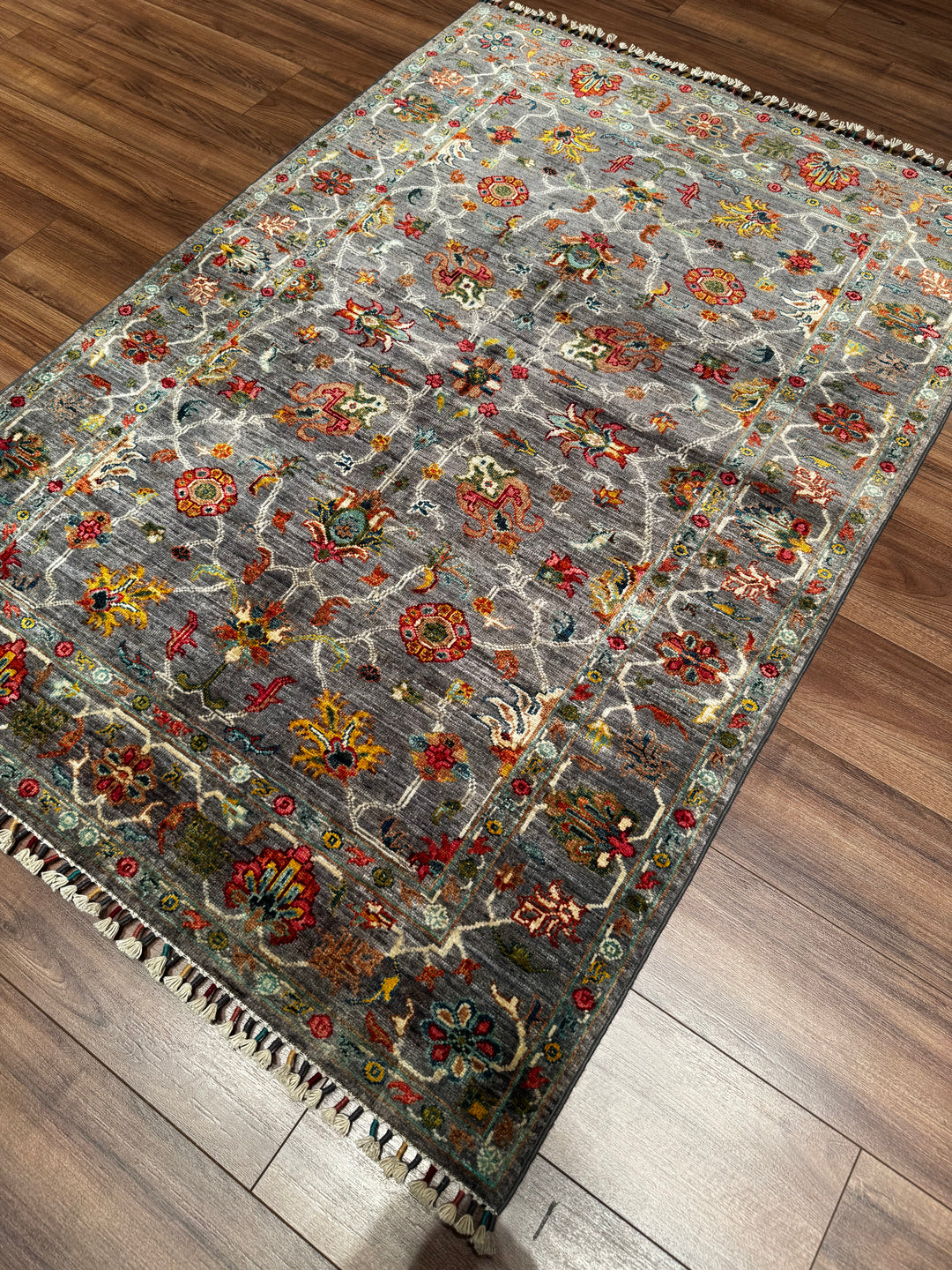 SULTANİ ÇİÇEKLİ ORJİNAL EL DOKUMASI GRİ KÖK BOYA YÜN HALI 124X181 2.24 METREKARE - 3X5 FT