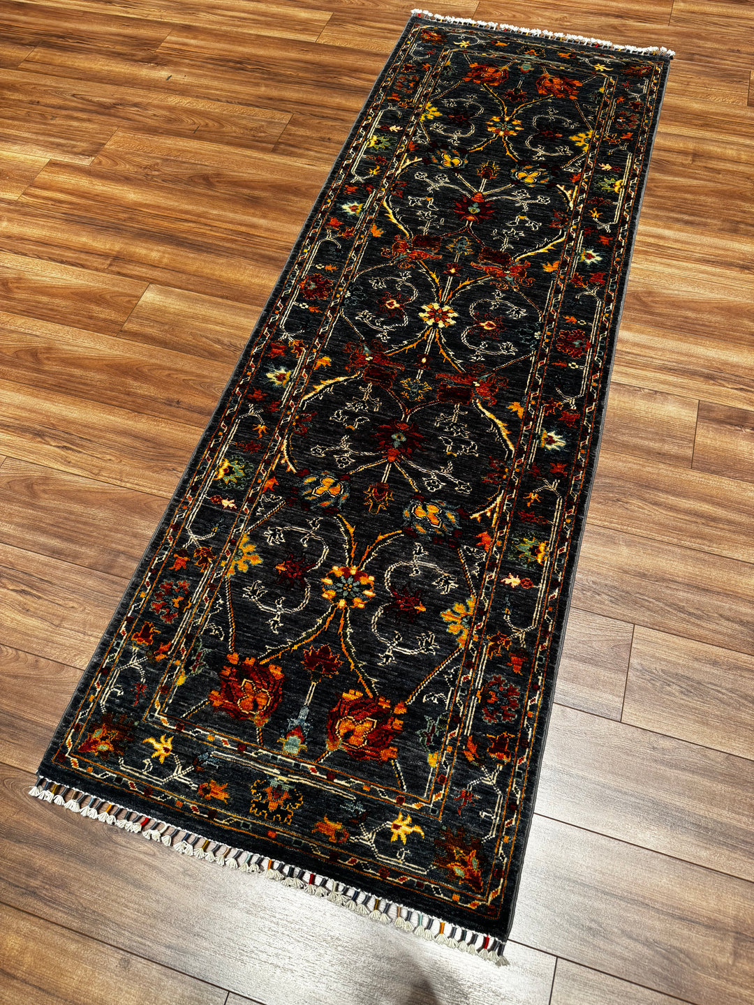 SULTANİ BİNBİRGECE YOLLUK ORJİNAL EL DOKUMASI ANTRASİT KÖK BOYA YÜN HALI 0.84X251 2.11 METREKARE - 2X8 FT
