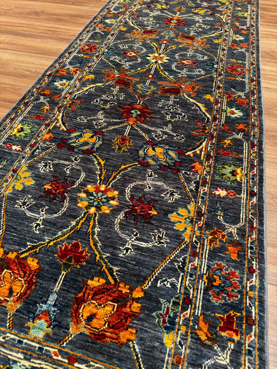 SULTANİ BİNBİRGECE YOLLUK ORJİNAL EL DOKUMASI ANTRASİT KÖK BOYA YÜN HALI 0.84X251 2.11 METREKARE - 2X8 FT
