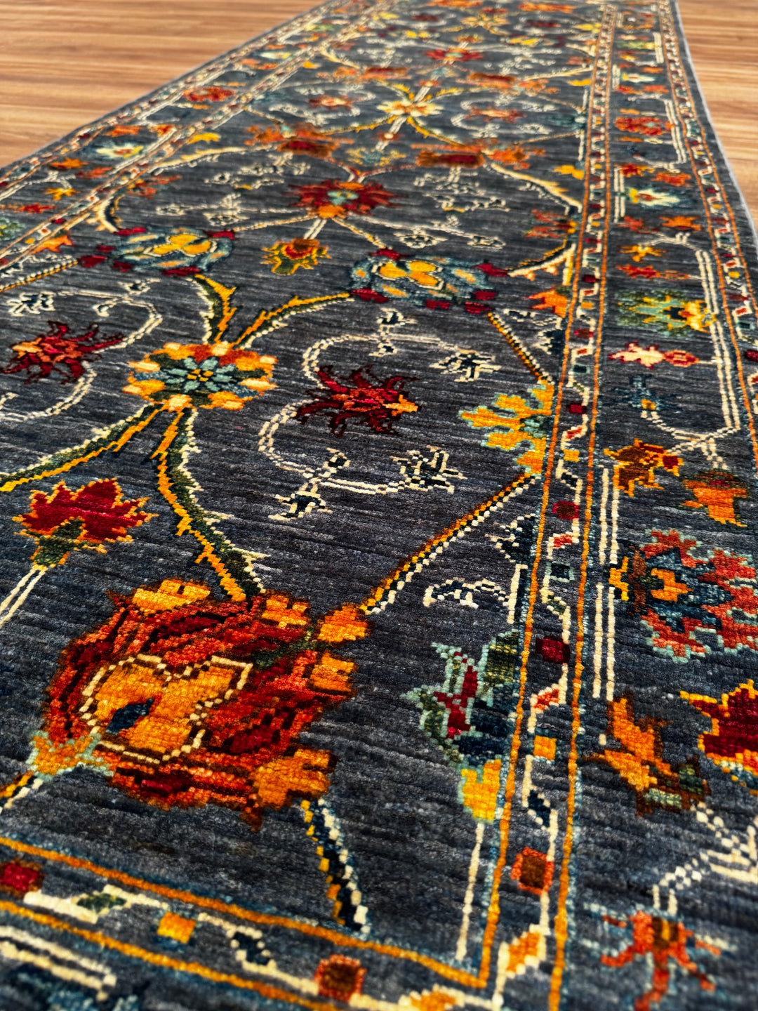 SULTANİ BİNBİRGECE YOLLUK ORJİNAL EL DOKUMASI ANTRASİT KÖK BOYA YÜN HALI 0.84X251 2.11 METREKARE - 2X8 FT