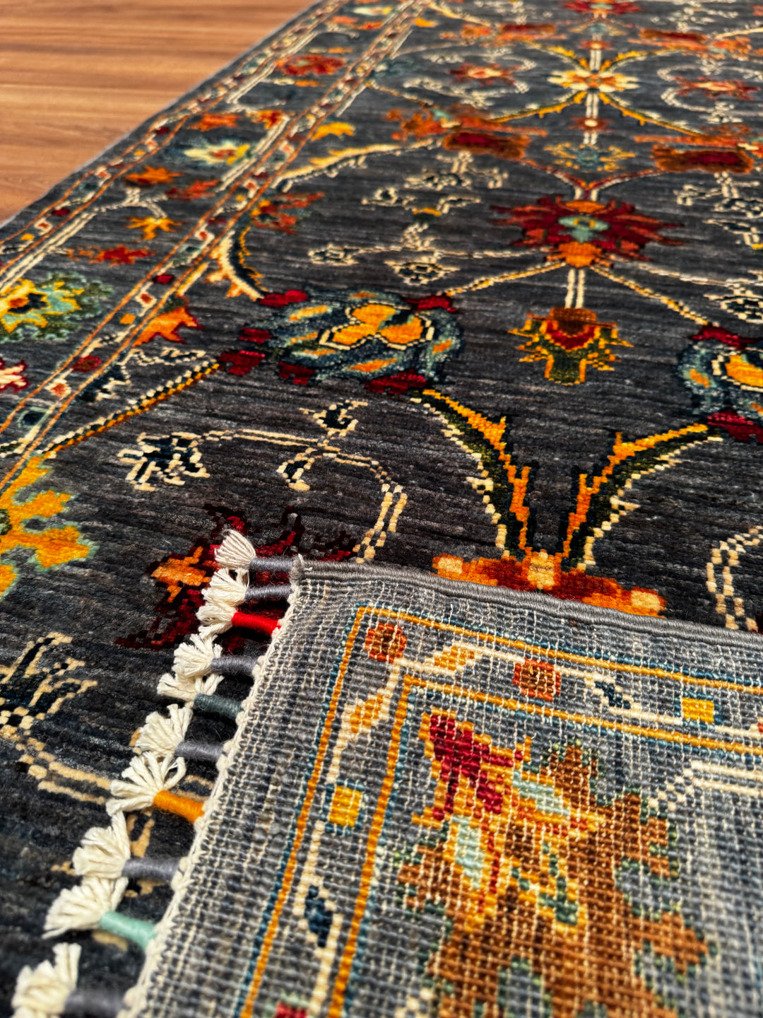 SULTANİ BİNBİRGECE YOLLUK ORJİNAL EL DOKUMASI ANTRASİT KÖK BOYA YÜN HALI 0.84X251 2.11 METREKARE - 2X8 FT