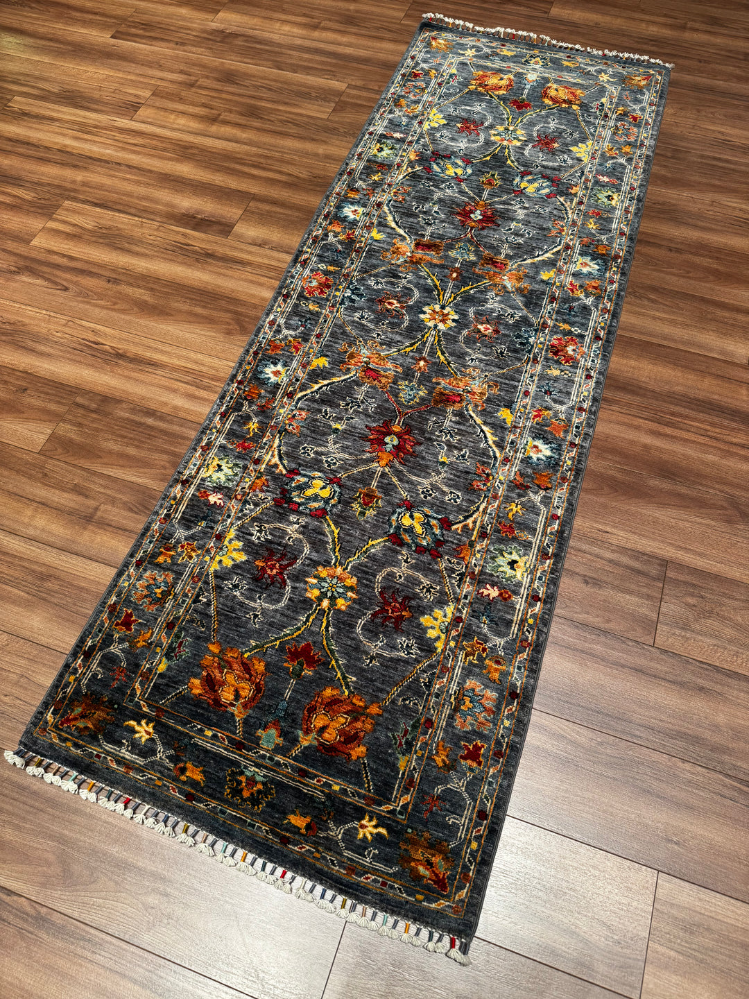 SULTANİ BİNBİRGECE YOLLUK ORJİNAL EL DOKUMASI ANTRASİT KÖK BOYA YÜN HALI 0.84X251 2.11 METREKARE - 2X8 FT