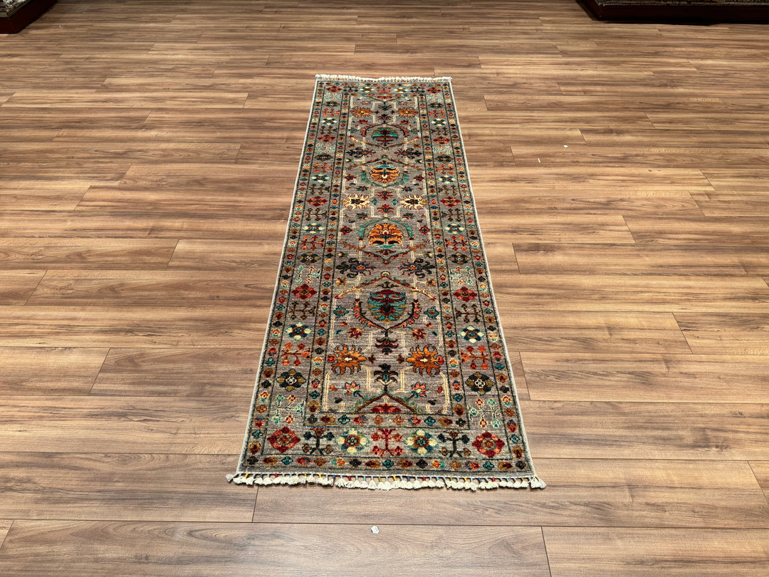 SULTANİ BİNBİRGECE YOLLUK ORJİNAL EL DOKUMASI GRİ KÖK BOYA YÜN HALI 0.82X253 2.07 METREKARE - 3X9 FT