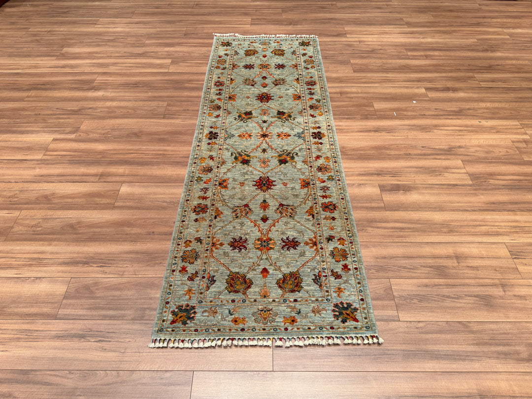 SULTANİ BİNBİRGECE YOLLUK ORJİNAL EL DOKUMASI YEŞİL KÖK BOYA YÜN HALI 0.86X254 2.18 METREKARE - 2X8 FT