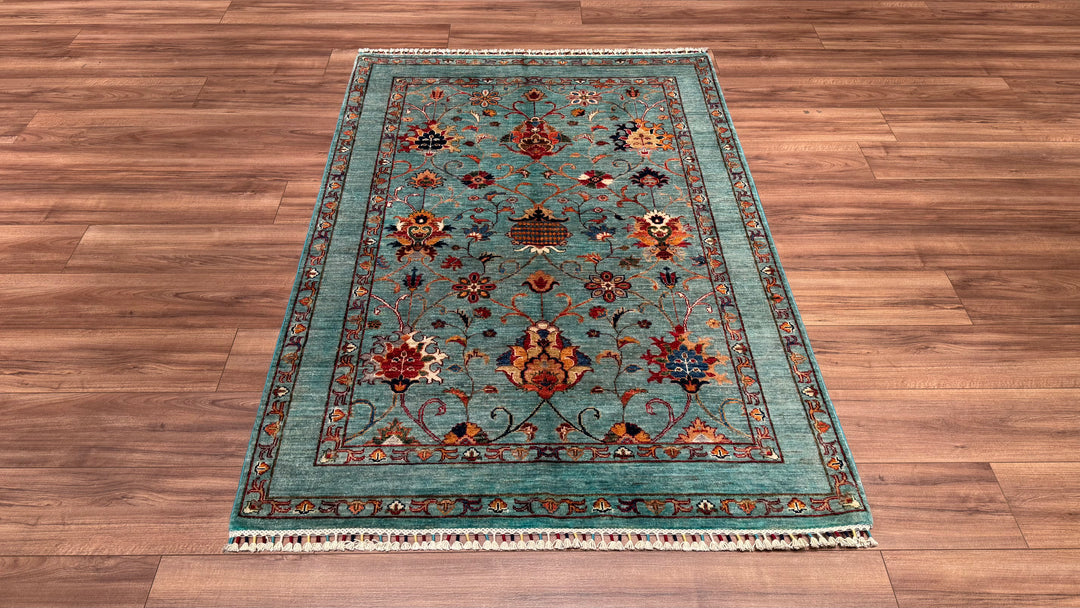 SULTANİ BİNBİRGECE ORJİNAL EL DOKUMASI TURKUAZ KÖK BOYA YÜN HALI 127X184 2.34 METREKARE - 4X6 FT