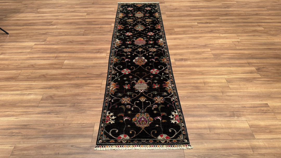 SULTANİ ÇİÇEKLİ YOLLUK ORJİNAL EL DOKUMASI SİYAH KÖK BOYA YÜN HALI 0.76X295 2.24 METREKARE - 2X10 FT