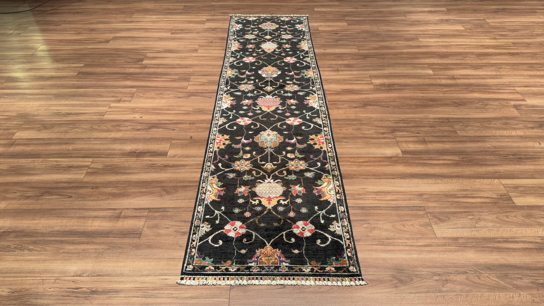 SULTANİ ÇİÇEKLİ YOLLUK ORJİNAL EL DOKUMASI SİYAH KÖK BOYA YÜN HALI 0.76X295 2.24 METREKARE - 2X10 FT