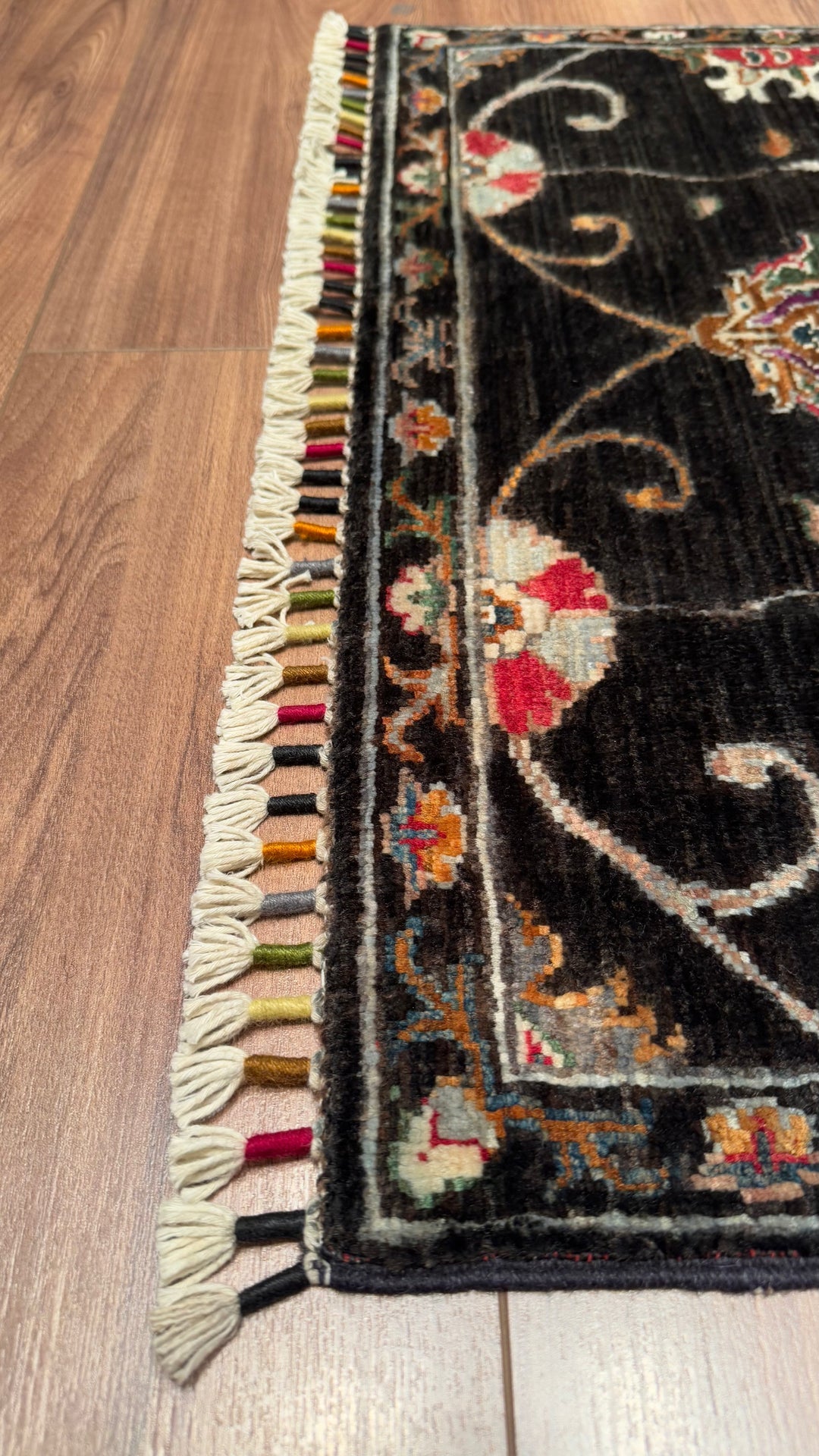 SULTANİ ÇİÇEKLİ YOLLUK ORJİNAL EL DOKUMASI SİYAH KÖK BOYA YÜN HALI 0.76X295 2.24 METREKARE - 2X10 FT