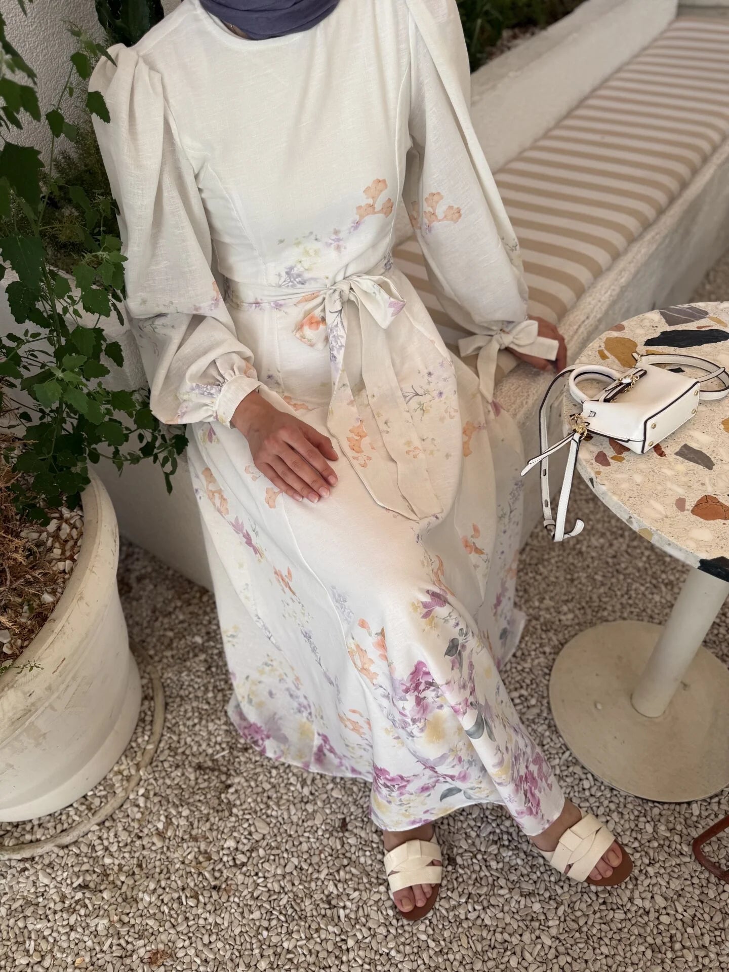 Pink Linen Dress with Puff Sleeves