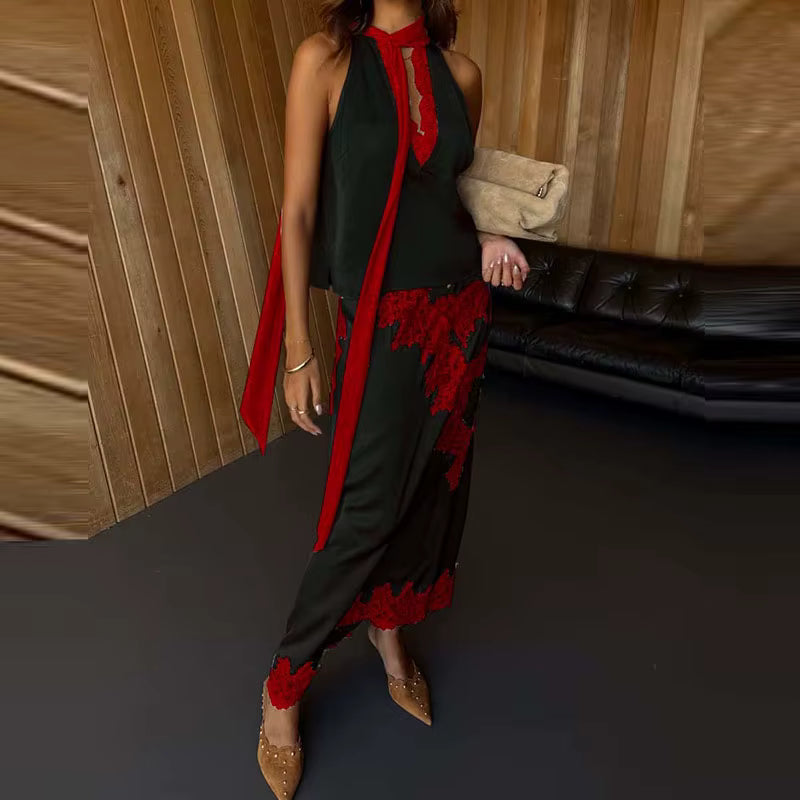 Elegant Lace Spliced Contrast Long Skirt Set