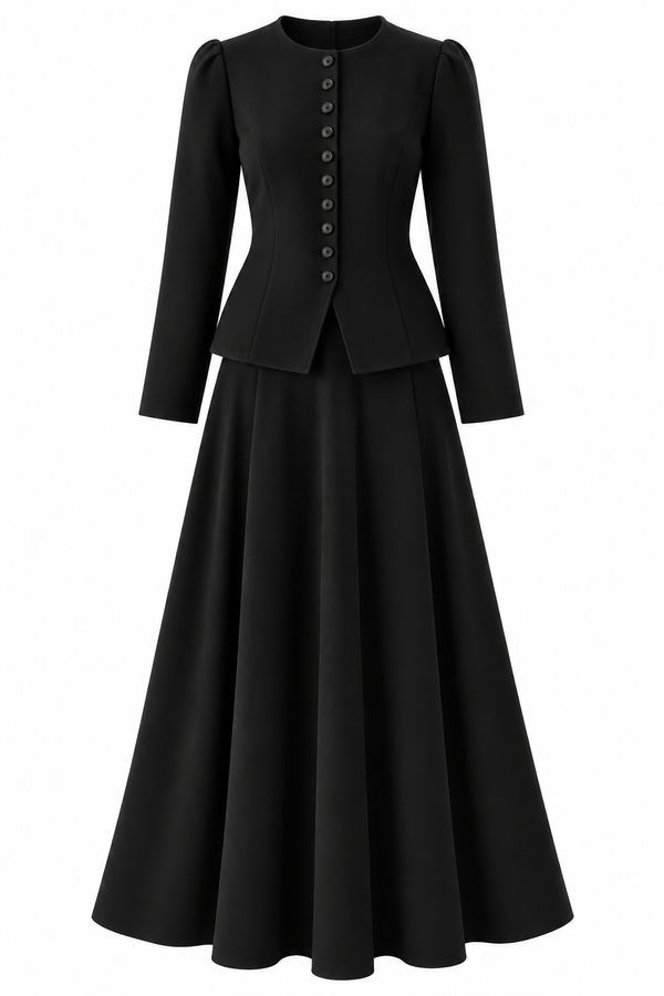Elvera Steel-Knit Buttoned Skirt Set - Black