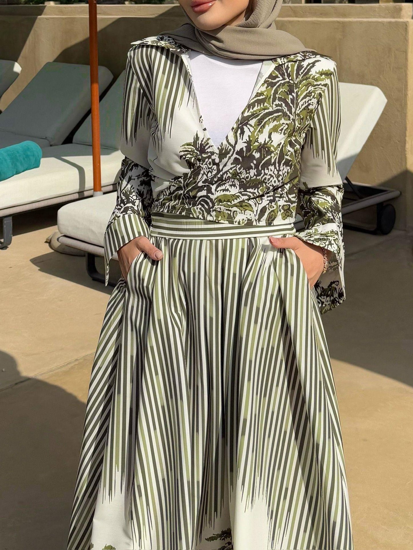 Green Tropical Print Poplin Kimono & Elastic Waist Skirt Set