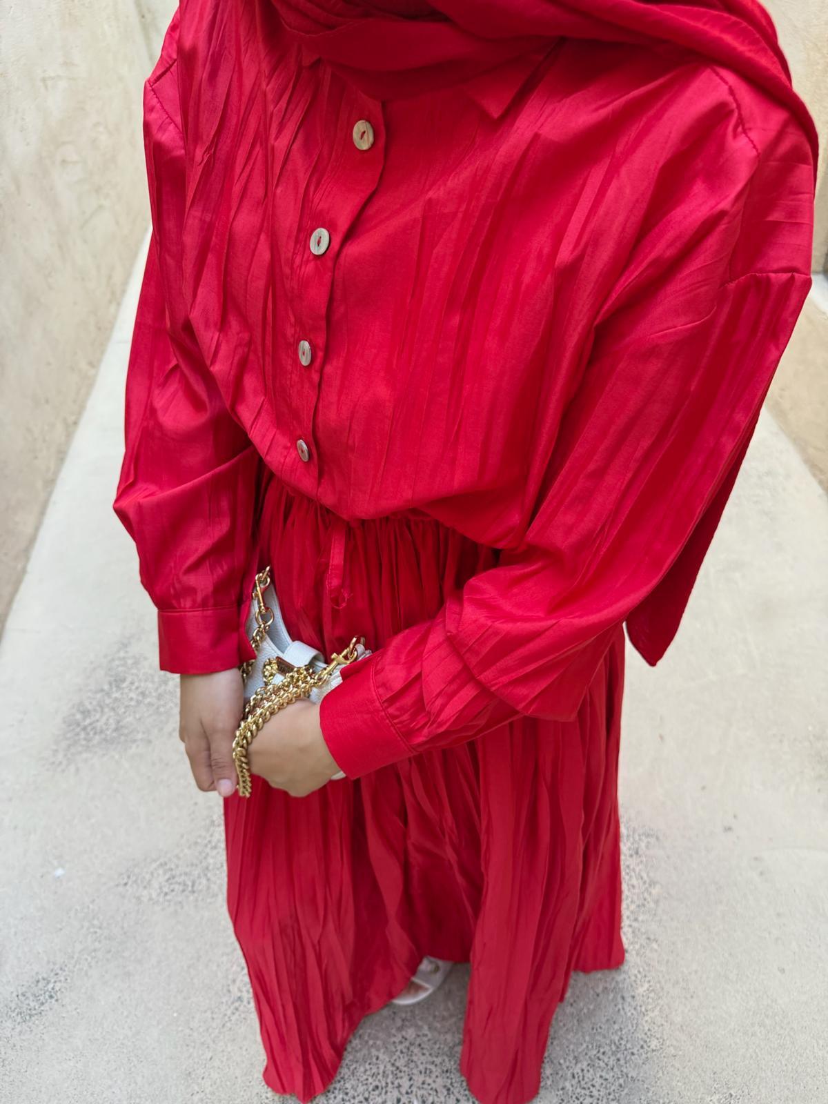 Wrinkle-Effect Cotton Poplin Maxi Dress – Cherry Red