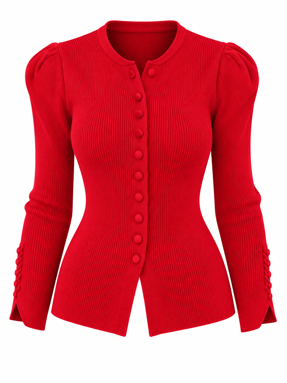 Mercerized Puff-Sleeve Cardigan - Red