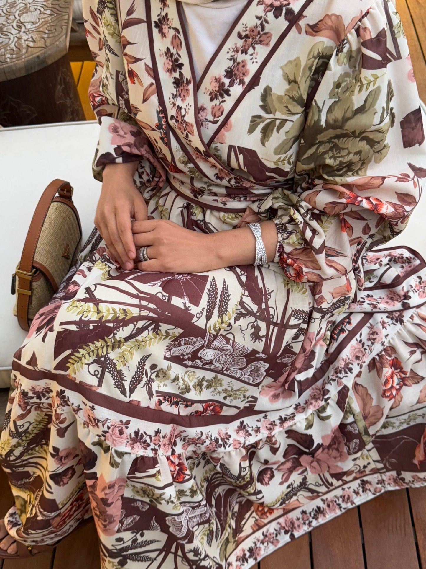 Brown Tropical Print Kimono & Skirt Set