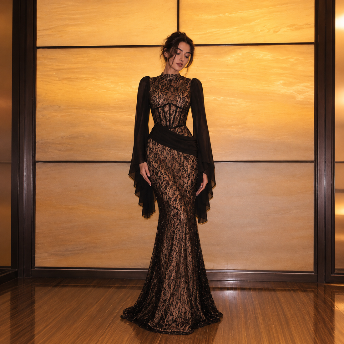 Alexa black lace couture dress front full-length