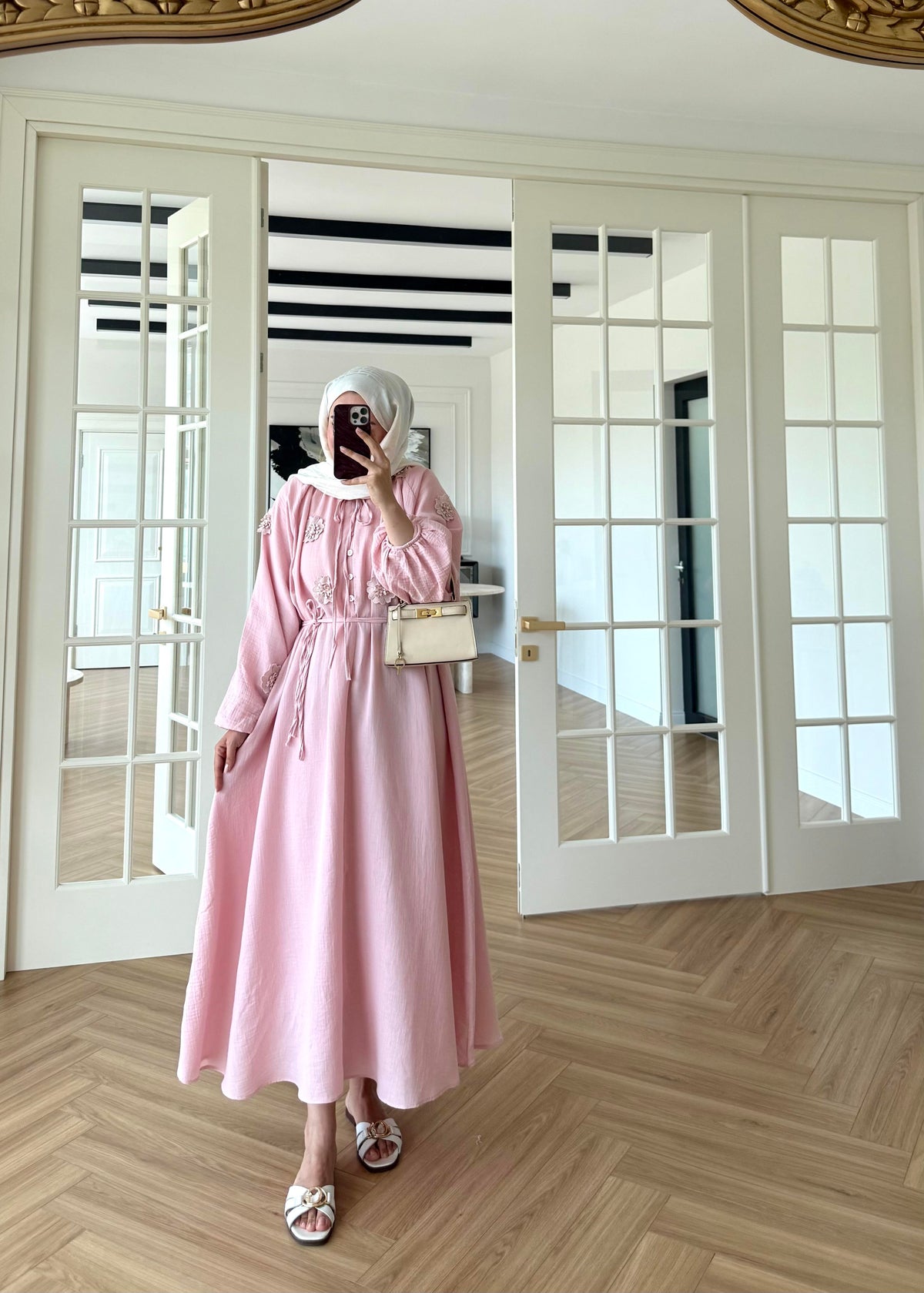Aliza Floral Embroidered Muslin Dress Pink