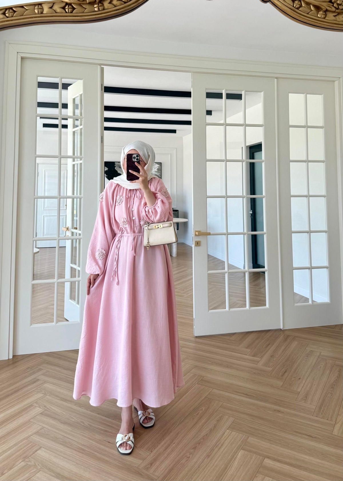 Aliza Floral Embroidered Muslin Dress Pink