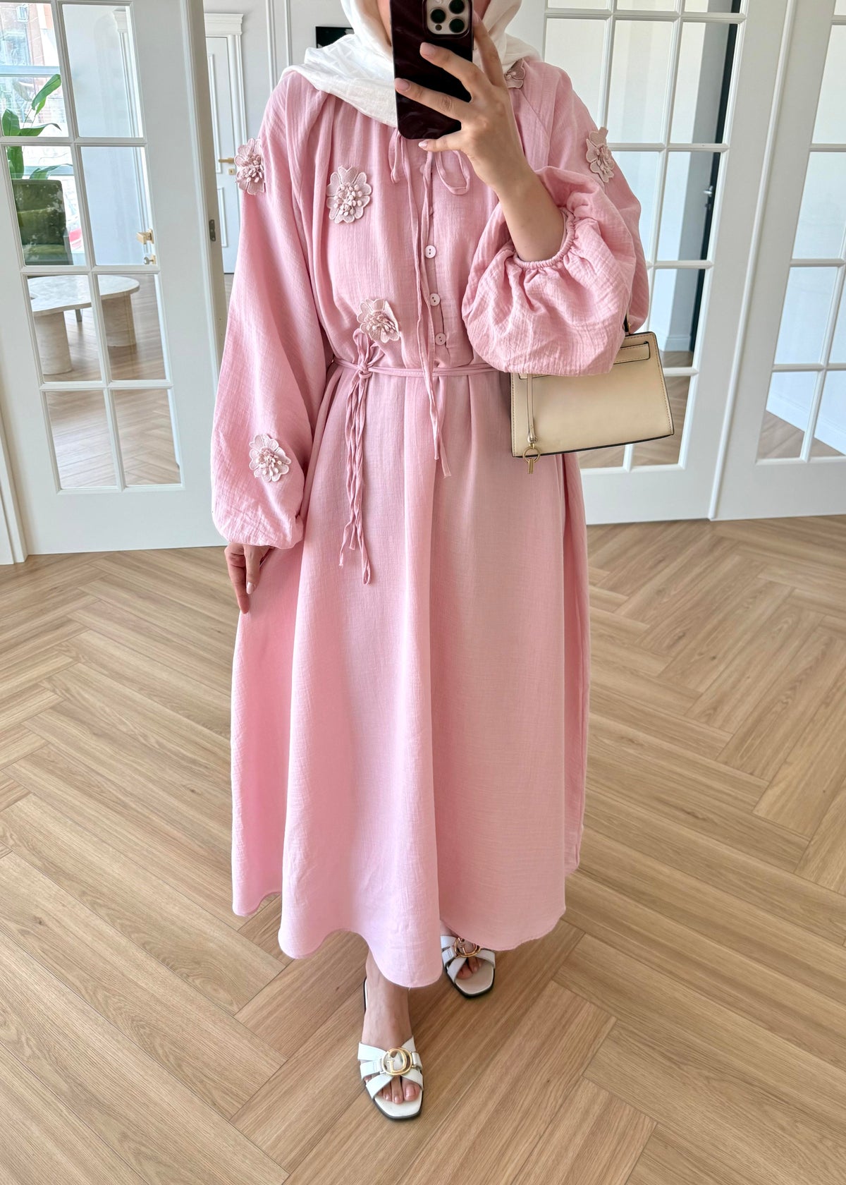 Aliza Floral Embroidered Muslin Dress Pink