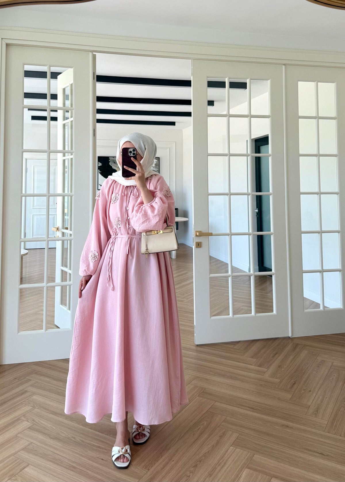 Aliza Floral Embroidered Muslin Dress Pink