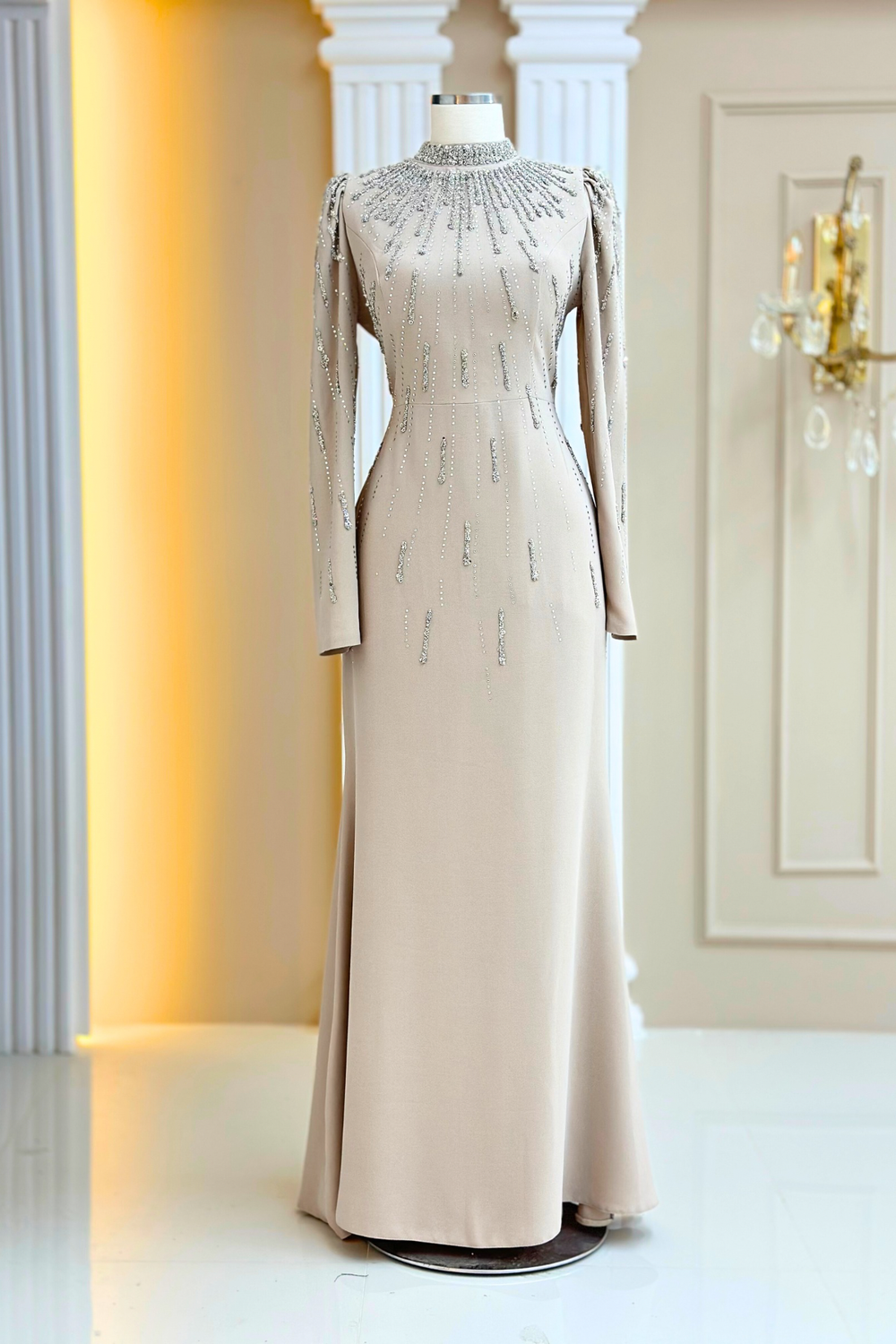 Ayla Modest Evening Dress - Beige