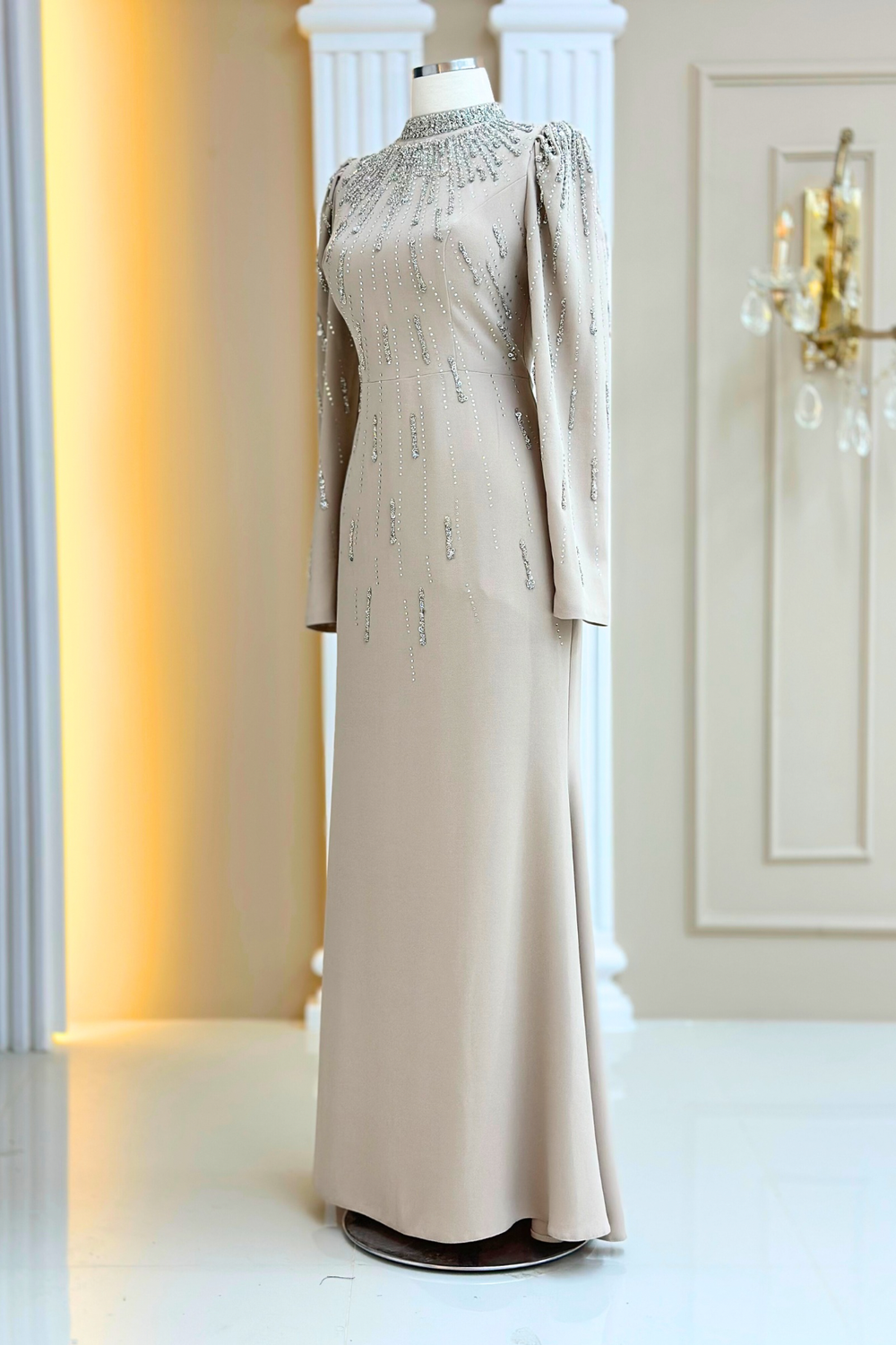 Ayla Modest Evening Dress - Beige