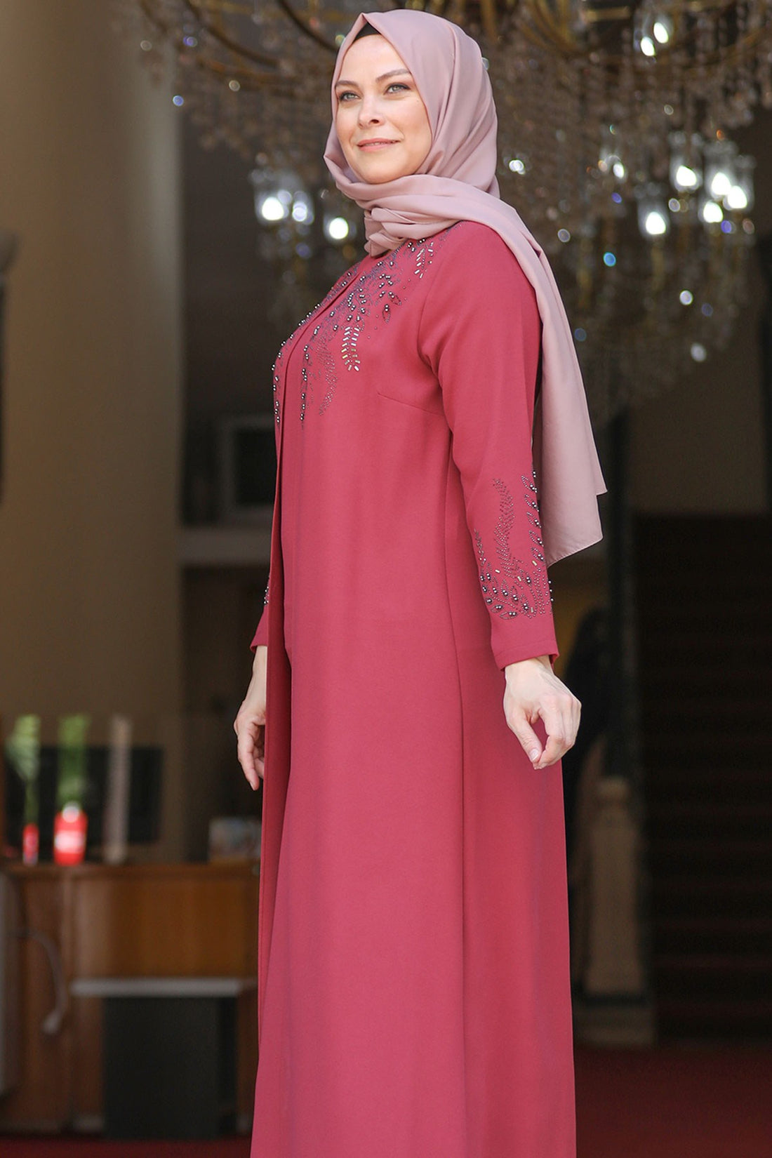 Başak Modest Evening Dress - Coral