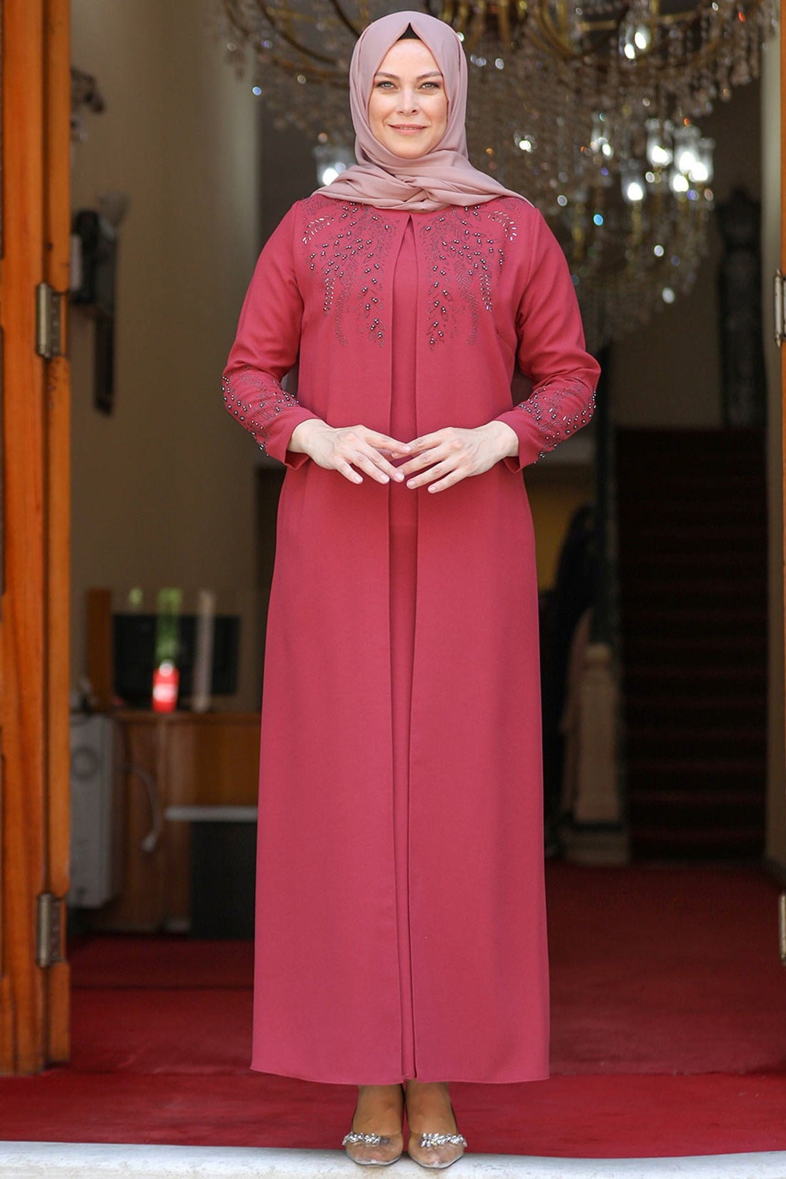 Başak Modest Evening Dress - Coral